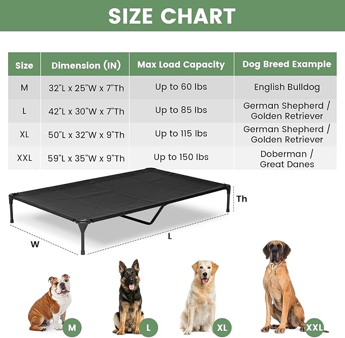PVY Elevated Dog Bed for Outdoor, Large Raised Dog Cot with Washable Mesh, Cooling Pet Cot Chew Proof for Outside Camping, 42"x30" Black