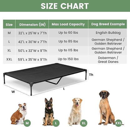 PVY Elevated Dog Bed for Outdoor, Large Raised Dog Cot with Washable Mesh, Cooling Pet Cot Chew Proof for Outside Camping, 42"x30" Black