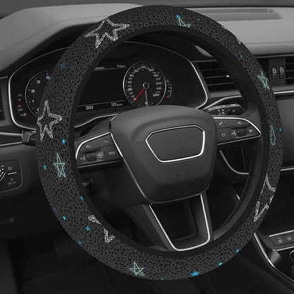 Cute Steering Wheel Cover for Women, Machine Washable Universal 14.5-15.5 inch Non-Slip Grip All Weather Use (Gray Leopard Stars)