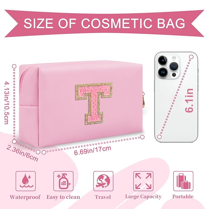 Personalized Initial A-Z Preppy Patch Makeup Bag,Small PU Leather Chenille Letter Cosmetic Bag with Zipper for Teen Girls,Pink Cute Travel Toiletry Bag,Birthday Monogrammed Gift for Daughter,Letter T