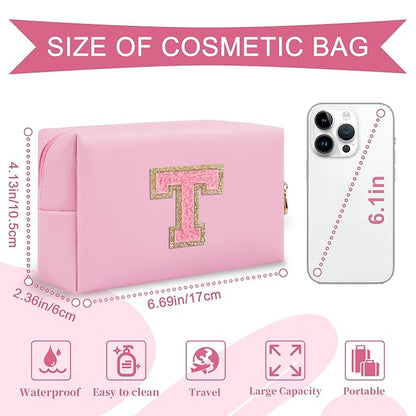 Personalized Initial A-Z Preppy Patch Makeup Bag,Small PU Leather Chenille Letter Cosmetic Bag with Zipper for Teen Girls,Pink Cute Travel Toiletry Bag,Birthday Monogrammed Gift for Daughter,Letter T