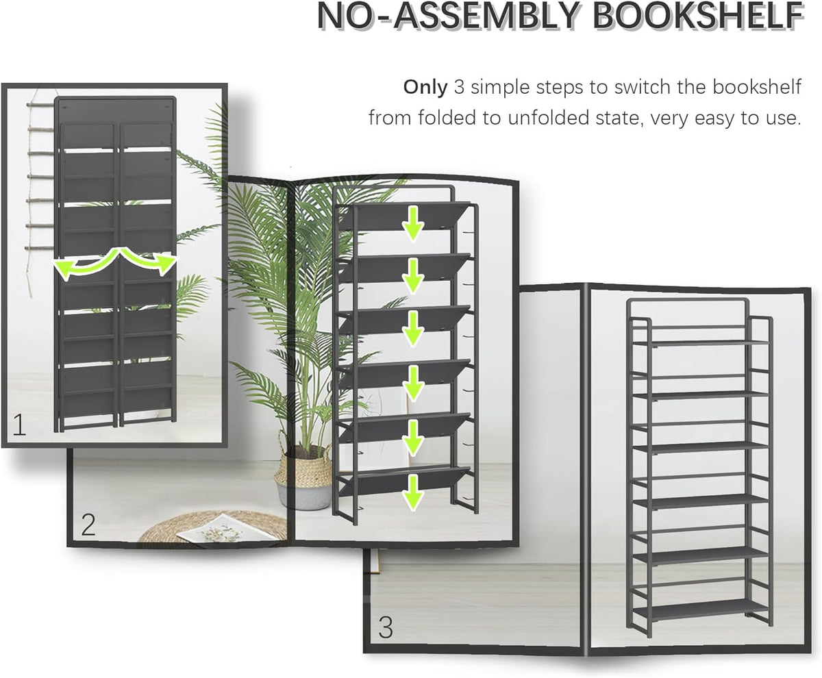 4NM No Assembly 6 Tiers Folding Bookshelf Storage Shelves Vintage Bookcase Standing Racks Study Organizer Home Office (All Black)