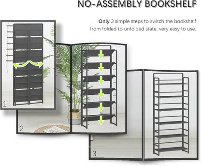 4NM No Assembly 6 Tiers Folding Bookshelf Storage Shelves Vintage Bookcase Standing Racks Study Organizer Home Office (All Black)