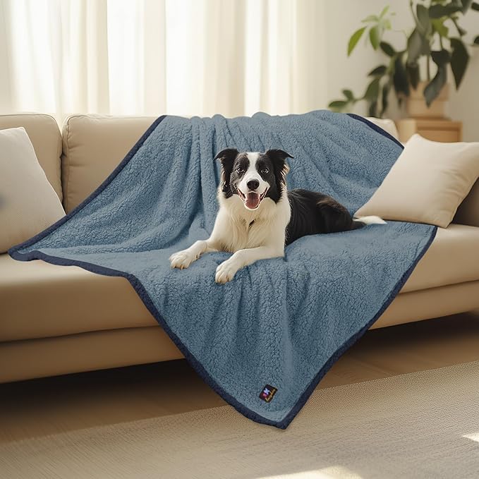 Luciphia Waterproof Pet Blanket for Medium Large Dogs Soft Cat Sherpa Calming Thick Cover Leakproof Cozy Puppy Sofa Bed Car Couch Protector(Blue/Navy,63x50 inches)