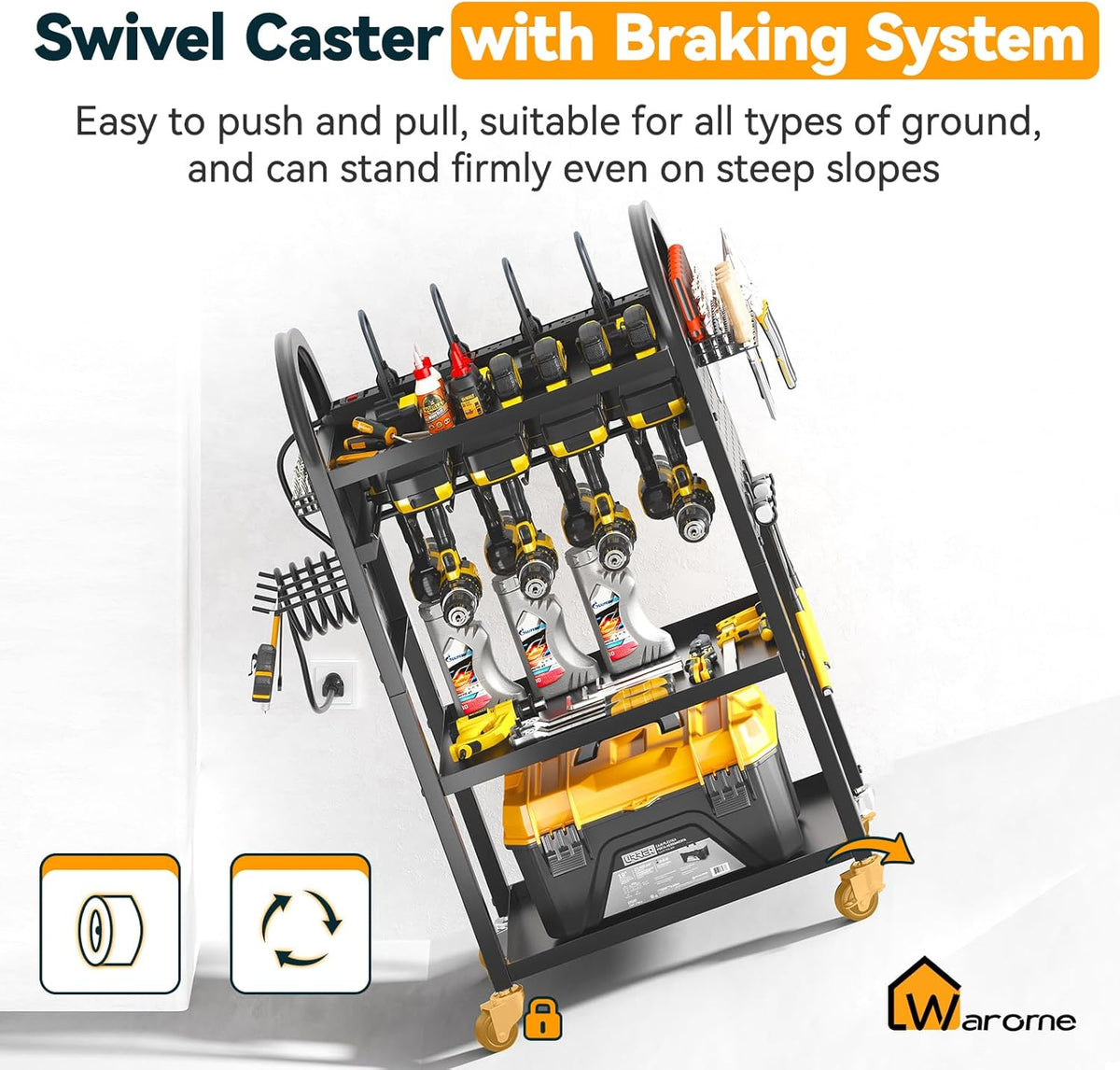 Warome Large Power Tool Organizer Cart with Charging Station, Rolling Utility Cart with 8-Outlet Movable Power Strip, Floor Standing Drill and Battery Holder,Tool Cart on Wheels for Garage Storage