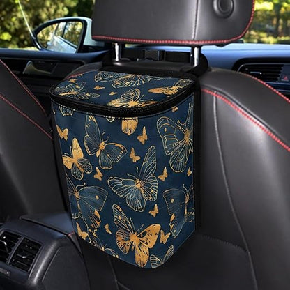 Gifts for New Drivers Golden Butterfly Art DecoTrash Bags for Cars, Hanging Zipper Design
