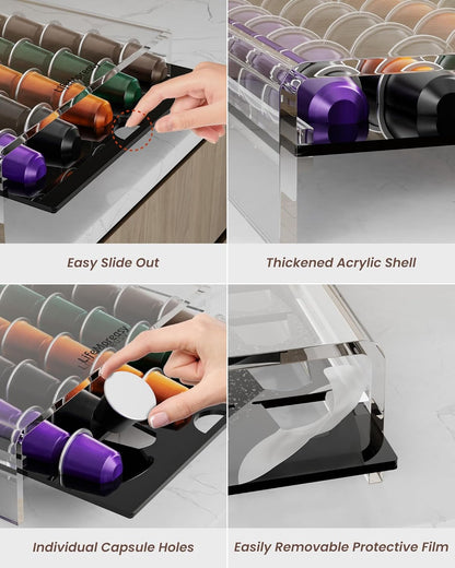 Storage Drawer for Nespresso Original Line， Coffee Pod Holder for Counter Acrylic Coffee Capsule Organizer - 40 Pods