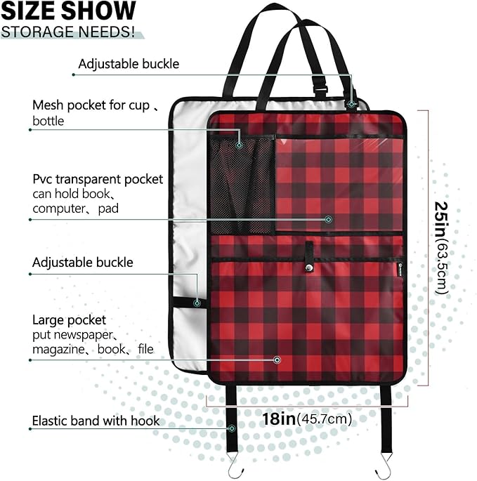 1 Pack Back Seat Car Organizer with Storage Pockets Kick Mats Back Seat Protector Hanging Car Organizer Automotive Seat Back Cover Organizers Red and Black Buffalo Plaid