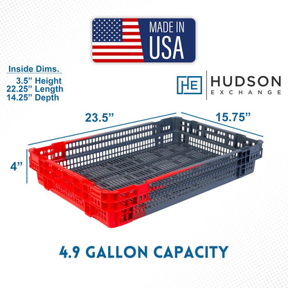 Hudson Exchange 23.5 x 15.75 x 4" (4.9 Gallon, 5 Pack) Agricultural Nest and Stack Vented Crate Handled Storage Container Tote, Red/Black