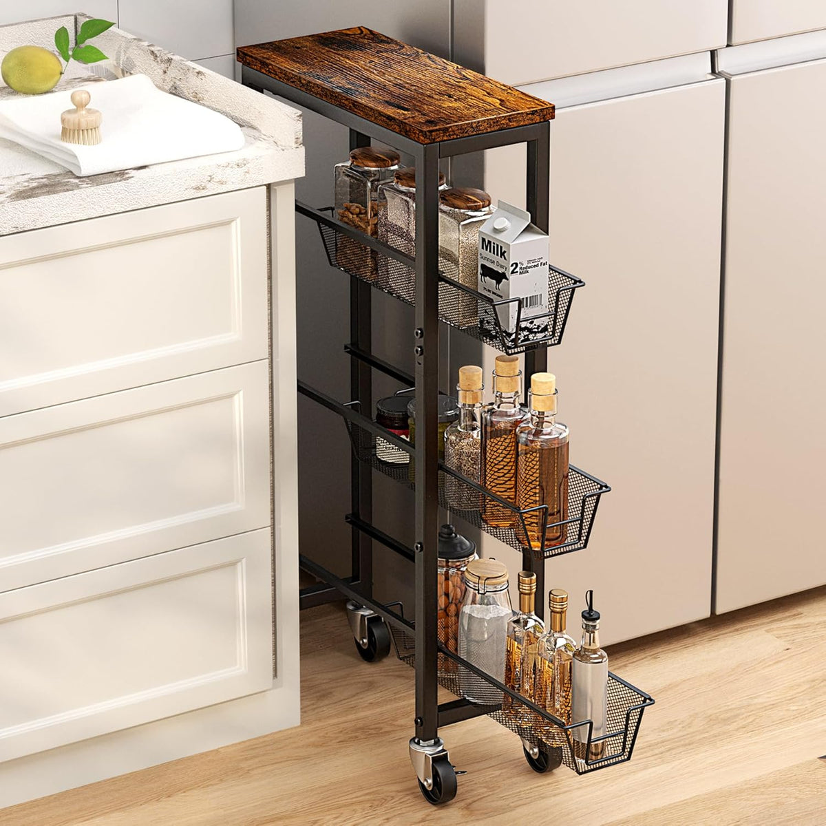 Honest Slim Storage Cart 4-Tier Slim Rolling Cart with Metal Frame and Wooden Top, 6.3 Inches, Storage Cart for Kitchen, Dining Room, Living Room, Bathroom, Home Office, Rustic Brown and Black