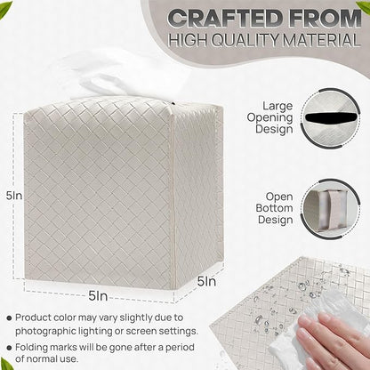 Tissue Box Cover Holder, PU Leather Tissue Box Cover with Braided Pattern, Square Tissue Holder with Bottom Belt, Modern Organizer for Bathroom, Car, Office, Tabletop(Pearl White,12 Braided Patterns)