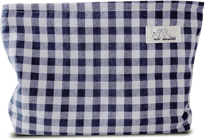 HAPPYHEIDI Navy Blue Gingham Cotton Makeup Bag Cosmetic Toiletry Travel Pouch, Tote Purse Organizer, Zipper Closure, Canvas Lined