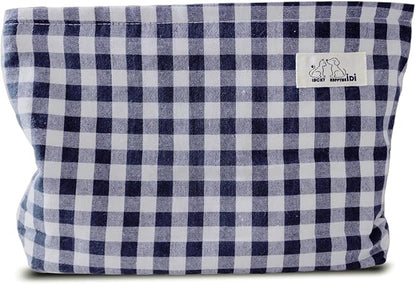 HAPPYHEIDI Navy Blue Gingham Cotton Makeup Bag Cosmetic Toiletry Travel Pouch, Tote Purse Organizer, Zipper Closure, Canvas Lined