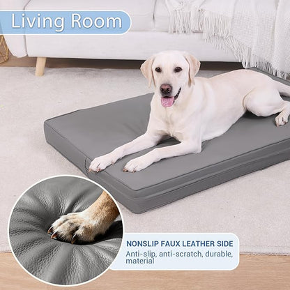 Vonabem Large Dog Bed Waterproof Washable XL Crate Pad 42 inch, Outdoor Durable Leather Pet beds Foam Orthopedic, Anti-Slip XLarge Kennel Pads with Removable Cover Reversible, 41"x27" Grey