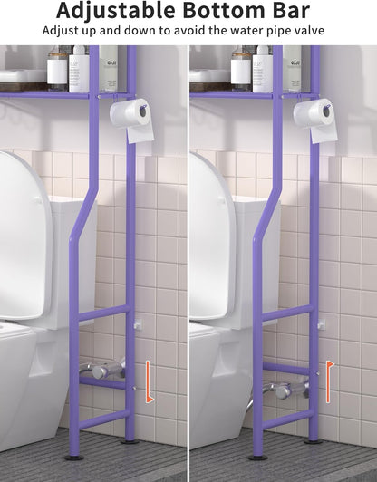 3-Tier Over The Toilet Storage, Freestanding Metal Bathroom Shelves with 4 Hooks, Over Toilet Storage Shelf with Paper Holder, Above The Toilet Shelf for Bathroom Storage, Purple