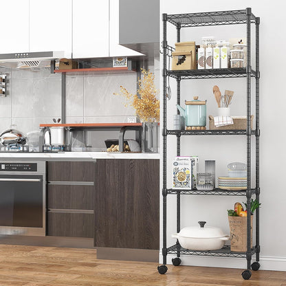 Himimi 5-Tier Wire Shelving Unit on Wheels, Adjustable Heavy Duty Metal Shelves with Side Hooks, Metal Organization Wire Rack for Kitchen Garage Basement, 13" L x 23" W x 72" H, Black