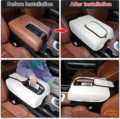 Aunginsy Leather Center Console Armrest Cover Compatible with Toyota Tundra 2014-2021, Car Middle Console Cushion Lid Pad Protector, Waterproof Armrest Seat Box Cover with Storage Bag Accessories