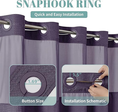 eachope Purple Long No Hook Waffle Weave Shower Curtain with snap-in Liner Replacement, 230GSM Waterproof Fabric Hotel Shower Curtain Set for Bathroom, Through Mesh Top Window,71Wx80H