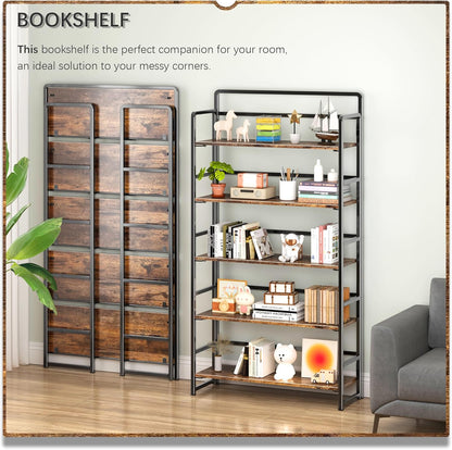 4NM No Assembly Extra Wide 5 Tiers Folding Bookshelf Storage Shelves Vintage Bookcase Standing Racks Study Organizer Home Office (Rustic Brown Black)