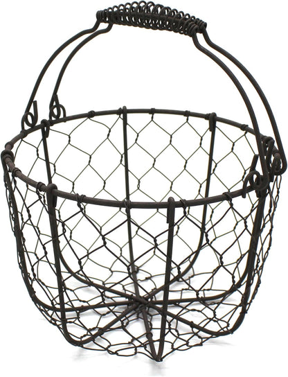 CVHOMEDECO. Round Chicken Wire Egg Basket Fruit Basket with Swing Handles Primitives Vintage Gathering Basket. Rusty
