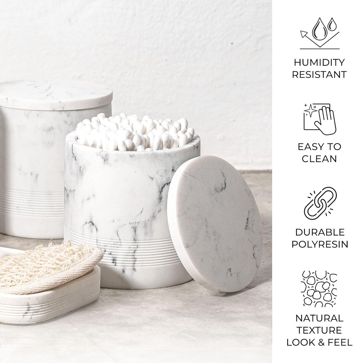 ZCCZ White Marble Bathroom Accessories Set 6 Pieces - Toothbrush Holder, Lotion Dispenser, Qtip Container, Vanity Tray, Tumbler - Countertop Organizer for Bathrooms - Elegant and Functional Décor Set
