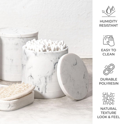 ZCCZ White Marble Bathroom Accessories Set 6 Pieces - Toothbrush Holder, Lotion Dispenser, Qtip Container, Vanity Tray, Tumbler - Countertop Organizer for Bathrooms - Elegant and Functional Décor Set