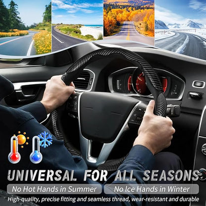 WOCOCN 3pcs Car Steering Wheel Cover,Anti-Skid Carbon Fiber Steering Wheel Protector for Men Women,Multiple Color Options,Universal for Most Car Interiors Accessories (Bright Black 3PCS)