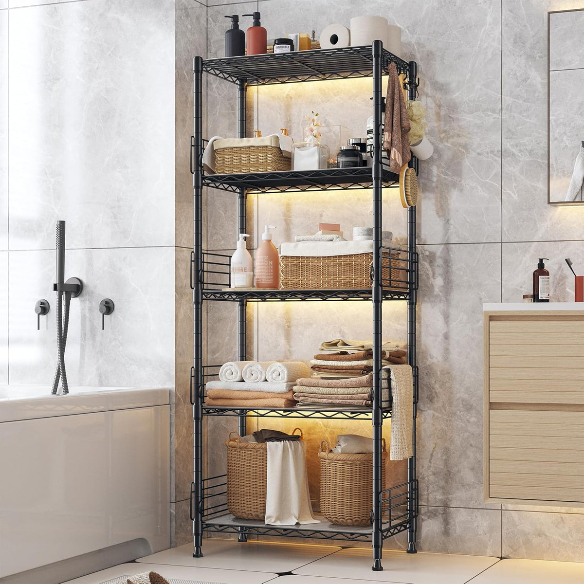5 Tier Metal Shelving Unit Pantry Storage Shelves with Side Blockers Adjustable Metal Wire Shelf with Hooks & Shelf Linker Standing Storage Rack for Kitchen Pantry Bathroom Closet,13.8"Dx21.7"Wx59.1"H