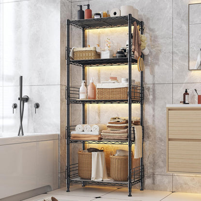 5 Tier Metal Shelving Unit Pantry Storage Shelves with Side Blockers Adjustable Metal Wire Shelf with Hooks & Shelf Linker Standing Storage Rack for Kitchen Pantry Bathroom Closet,13.8"Dx21.7"Wx59.1"H