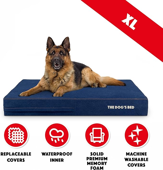 The Dog’s Bed Orthopedic Memory Foam Dog Bed, XL Blue Denim, Pain Relief for Arthritis, Hip & Elbow Dysplasia, Post Surgery, Lameness Supportive, Calming, Waterproof Washable Cover Veterinary Approved