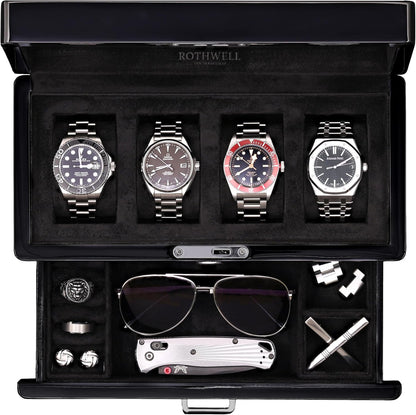 ROTHWELL 4-Slot Piano Black Watch Box with Valet Drawer - Premium Jewelry Display Case Organizer with Locking Glass Top and Microsuede Liner for Men & Women (Black Interior)