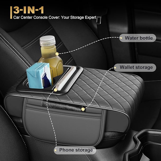 Center Console Cover for Ridgeline: Armrest Cover for Car with 2 Storage Bags - Waterproof Leather Center Console Cover with Cup Holder for Car,Anti-Scratch Auto Armrest Pad Accessory （Grey