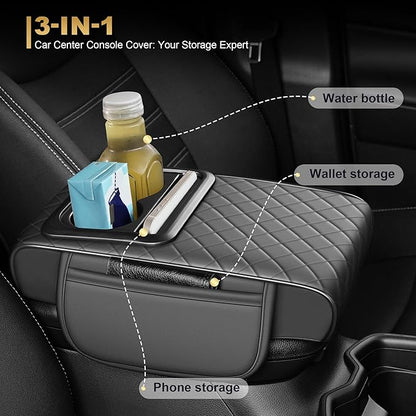 Center Console Cover for Ridgeline: Armrest Cover for Car with 2 Storage Bags - Waterproof Leather Center Console Cover with Cup Holder for Car,Anti-Scratch Auto Armrest Pad Accessory （Grey