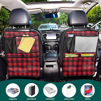 2 Pack Back Seat Car Organizer with Storage Pockets Kick Mats Back Seat Protector Hanging Car Organizer Automotive Seat Back Cover Organizers Red and Black Buffalo Plaid