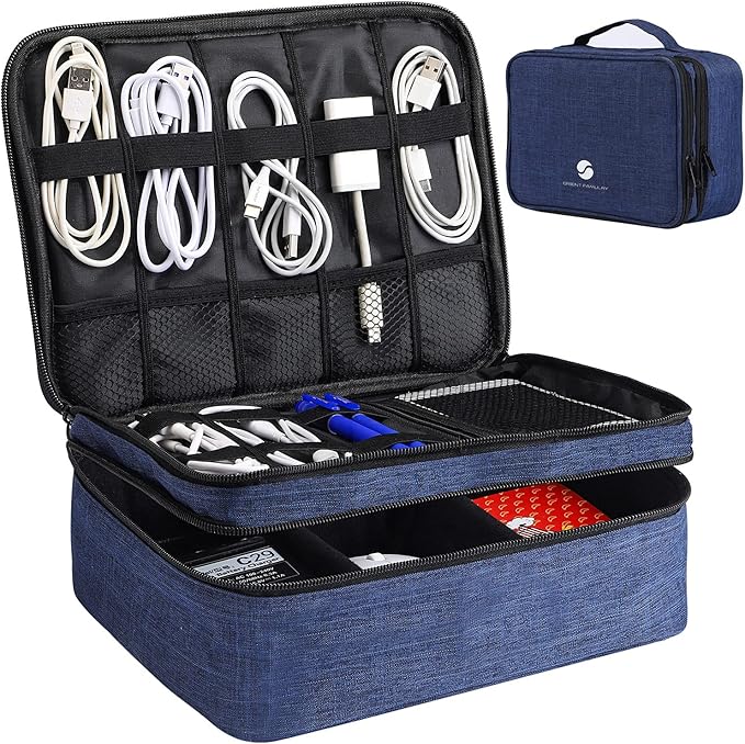 ORIENT FAMULAY Travel Electronics Organizer, Waterproof Cable Organizer Bag for Electronic Accessories Double Layer Large Shockproof Cable Storage Bag for Cord, Power Bank, Tablet(Up to iPad 11 inch) - Royal Blue