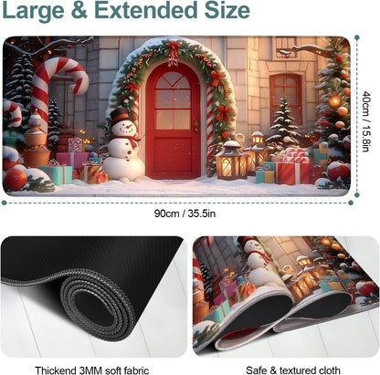 Christmas Scene Gaming Mouse Pad 35.4"x15.7"Desk Mat Anti-Slip Rubber Base & Durable Stitched Edges for Gamers Smooth Mouse Writing Surface for Desk Office/Home