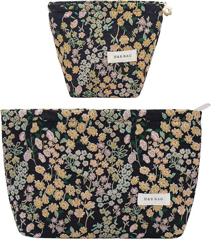 getgto 2 Pcs Makeup Bags, Large Cosmetic Bag Travel Toiletry Bag Organizer for Women, Embroidery Craft, Floral Makeup Bag Small Cosmetic Pouch Purse with Zipper Gifts for Girls Teen
