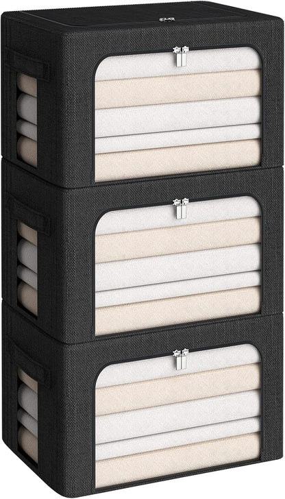 CYhom 3Pack Foldable Storage Bins - Frame Storage Box Linen Fabric Stackable Clothes Container Organizer with Clear Window & Carry Handles Large Capacity (Medium-36L, Black)