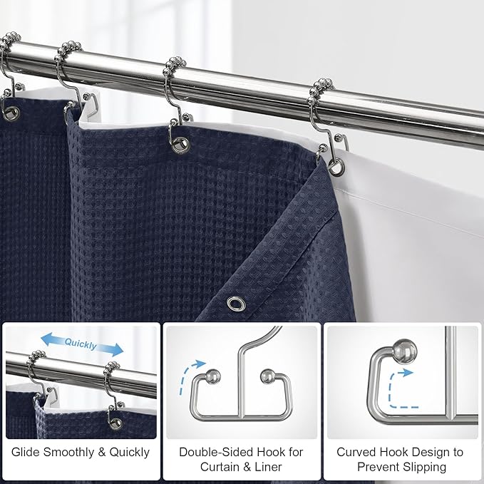 ROLIZOE 3-in-1 Waffle Texture Shower Curtain Set with TPU-Coated Waterproof Liner and 12 Upgraded Double-Sided Hooks, Well-Matched Sizes for a Seamless Fit – Navy Blue, 72" x 72"