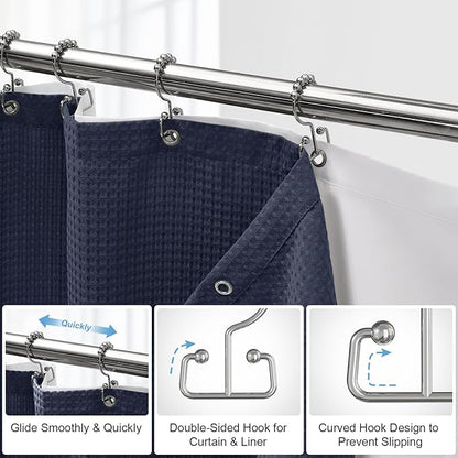 ROLIZOE 3-in-1 Waffle Texture Shower Curtain Set with TPU-Coated Waterproof Liner and 12 Upgraded Double-Sided Hooks, Well-Matched Sizes for a Seamless Fit – Navy Blue, 72" x 72"