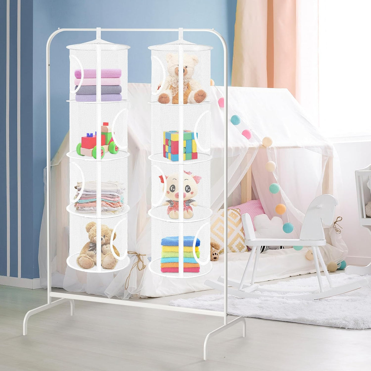 Libeder Mesh Hanging Storage Space Saver Bags Organizer,Foldable Storage Organizer 4 Compartments Toy Storage Basket for Kids Room Bathroom 2 Sets, White