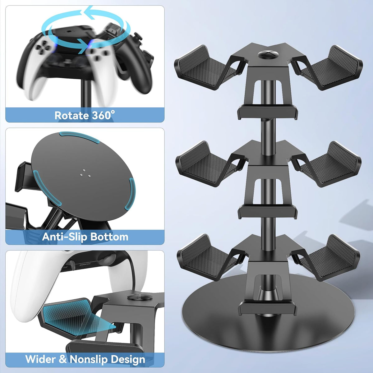 Headset Stand 3 Tiers for Desk, Rotatable Gaming Controller Stand for PS5/PS4/Xbox/Switch2/PS Portal/Phone, Universal PC Gamer Gift Accessory Controller/Headphone Holder for 9 Packs Controller