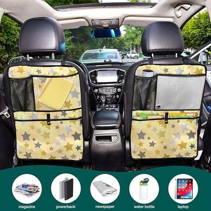 2 Pack Back Seat Car Organizer with Storage Pockets Kick Mats Back Seat Protector Hanging Car Organizer Automotive Seat Back Cover Organizers Cute Silver and Golden Stars