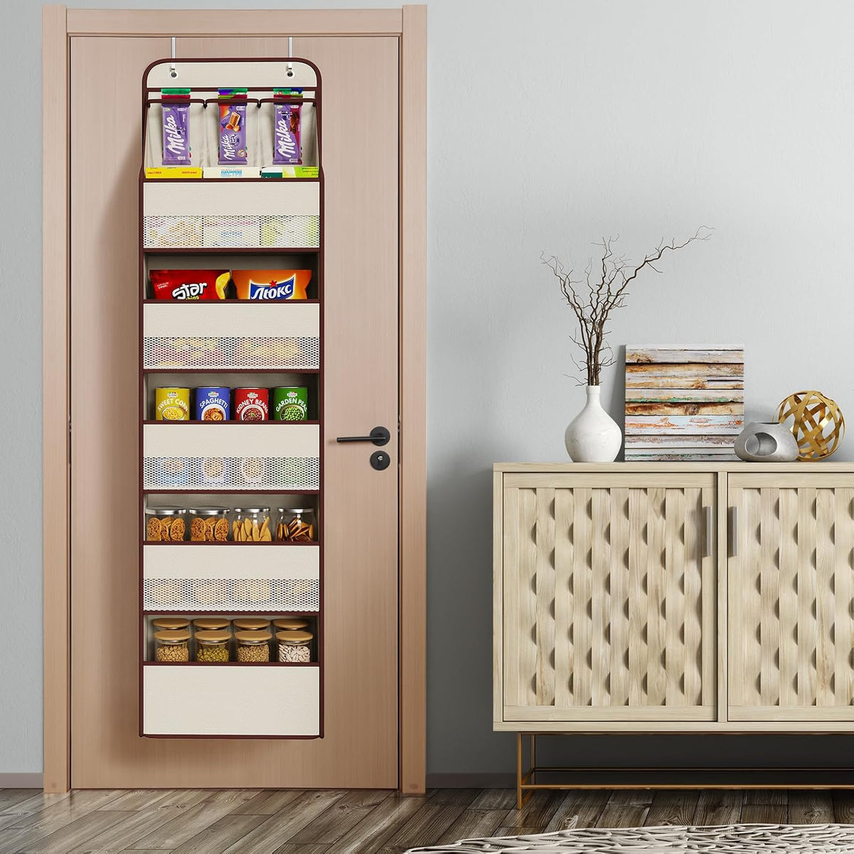 Univivi 6-Shelf Over Door Hanging Organizer Fabric Baby Door Storage with 5 Large Pockets and 3 Small PVC Pockets Wall Mount Hanging Storage Organizers for Baby Essential (Beige)