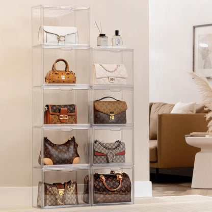 HBlife 3 Pack Purse Storage Organizer for Closet, Medium Clear Stackable Handbag Display Case Box with Magnetic Door for Collectibles, Cosmetics, Women Heels and Toys