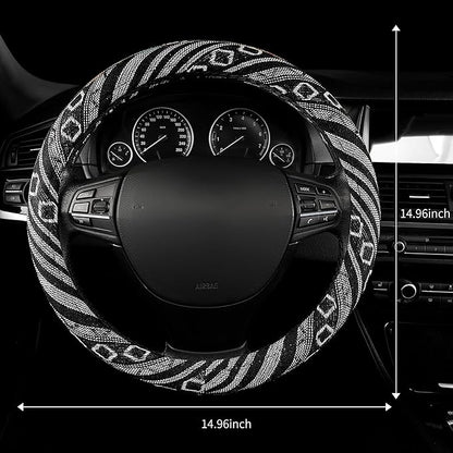 GXT 15 inch New Baja Blanket Car Steering Wheel Cover Universal Fit Most Cars Automotive Ethnic Style Coarse Flax Cloth (Black White)