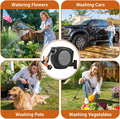 Ruvup Retractable Garden Hose Reel, 1/2in x 50ft Water Hose Reel with 10 Style Nozzle, UV Resistant Automatic Gardening Hose Reel Wall Mount for Outside, Slow Retraction Any Length Lock 180° Swivel
