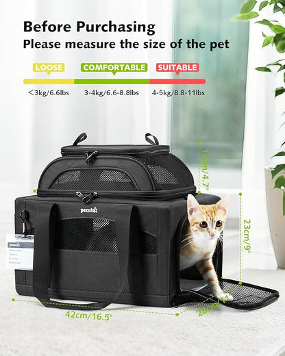 Pecute Expandable Pet Carrier Airline Approved Dog Cat Carrier, Breathable Soft-Sided with Locking Zippers, Pet Travel Bag for Small Dog Cat Anti-Scratch Mesh Leakproof Pee Pad (Dark Gray)