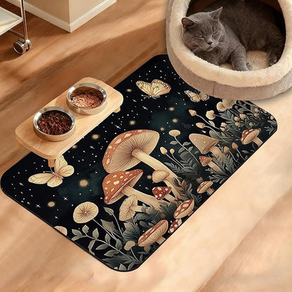 Fantasy Mushroom Dog Cat Food Mat,Butterfly Stars Absorbent Waterproof Placemat for Food and Water Non Slip Rubber Backing Durable Feeding Pad for Clean Floors 16" x 24"