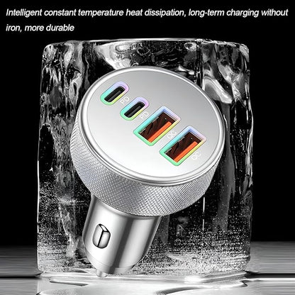 4 in 1 USB C Car Charger, 4-Port 90W PD QC Dual USB C & USB A Vehicle Fast Charging Cigarette Lighter Adapter, Multiport Auto Phone Charge Adapter, Fits 16 15 14 Pro Max Tablet (Silver)